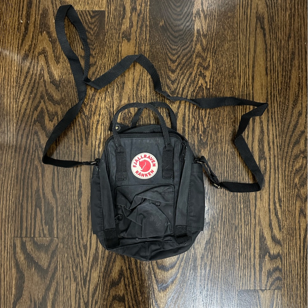 Fjallraven Black Mini Kanken Crossbody Bag with Red Logo